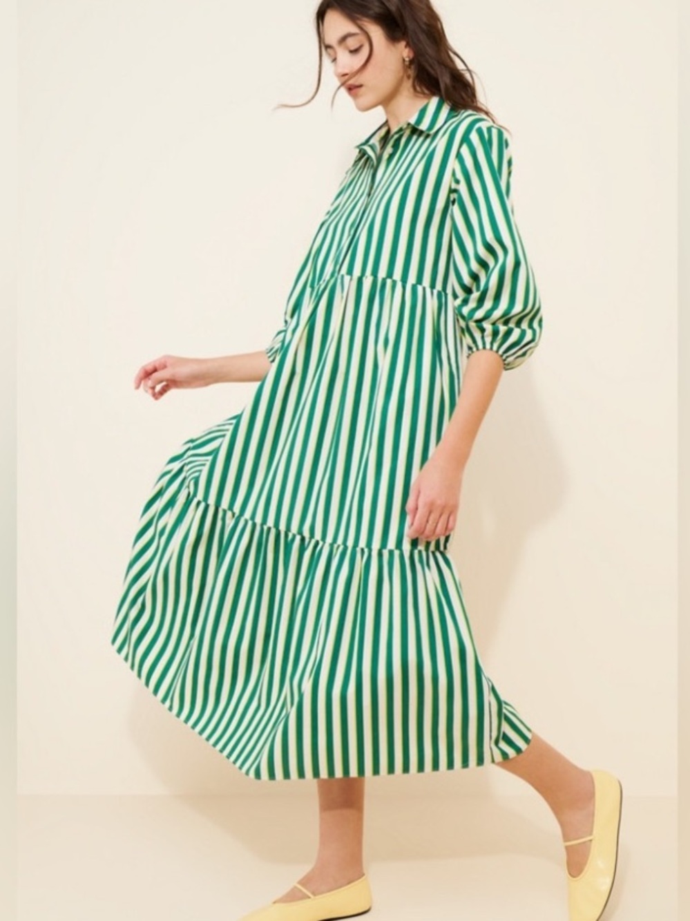 NEW Anthropologie Maeve Bettina Tiered shirt maxi dress green stripe medium
